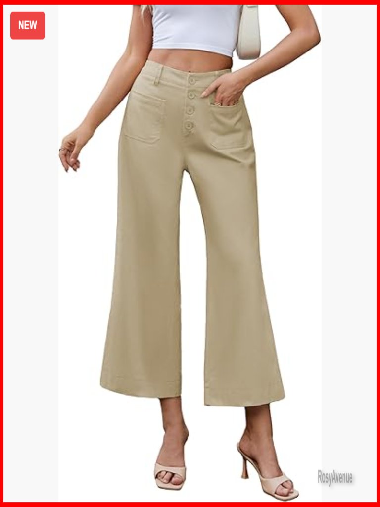 Wide Leg Cropped Pants High Waist Button Down Rayon Casual Dressy